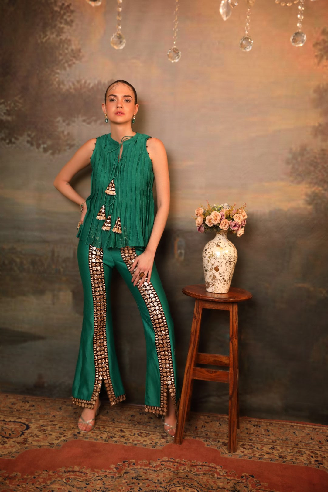 Rama Green Chanderi Top & Pant Set