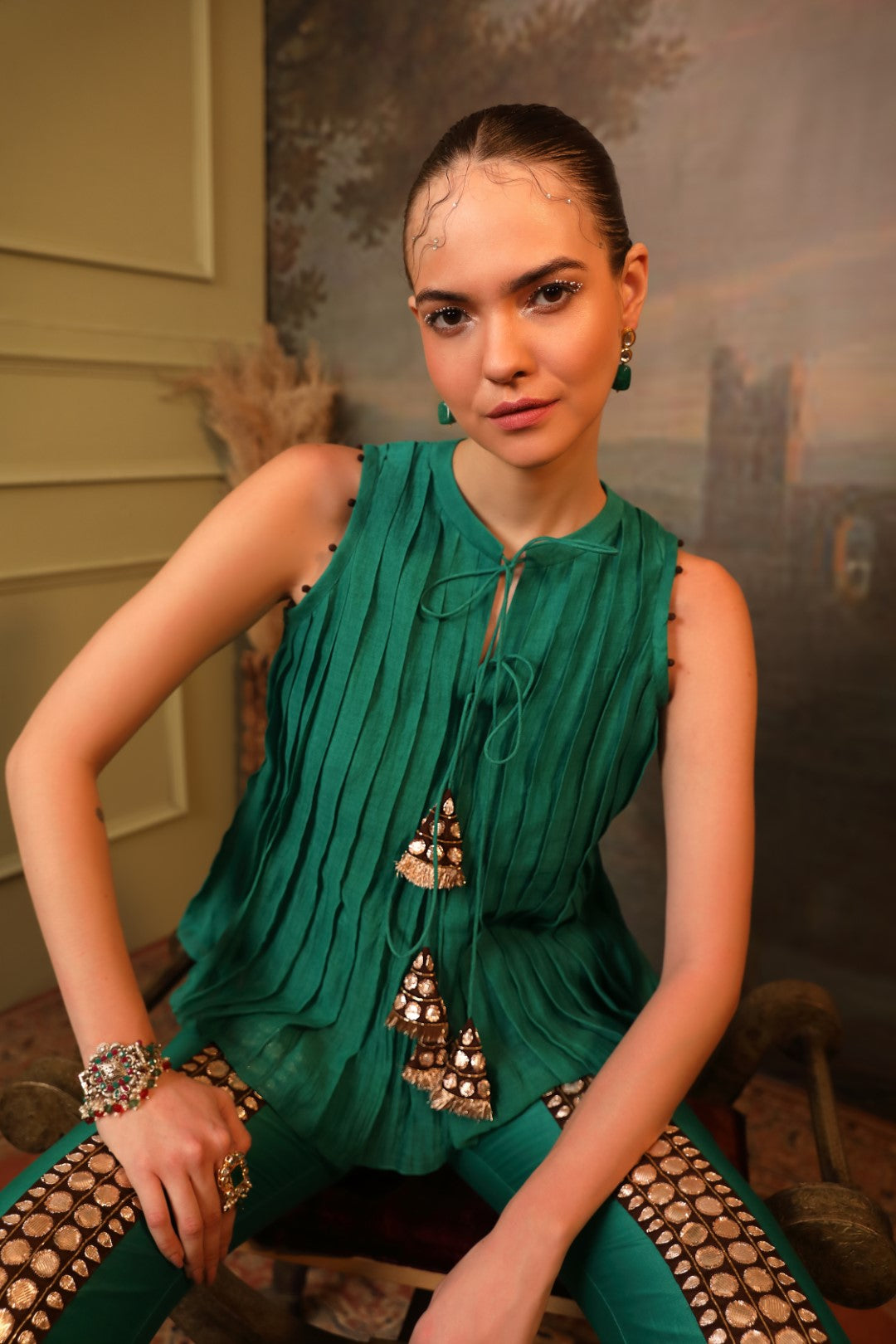 Rama Green Chanderi Top & Pant Set