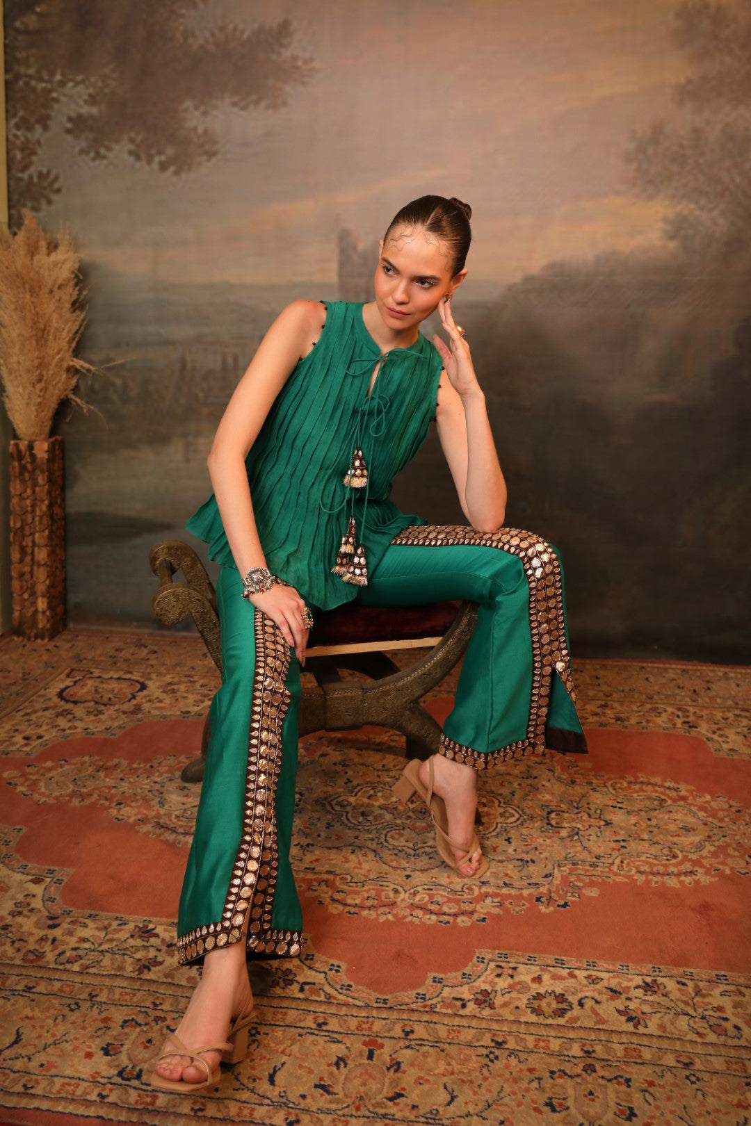 Rama Green Chanderi Top & Pant Set