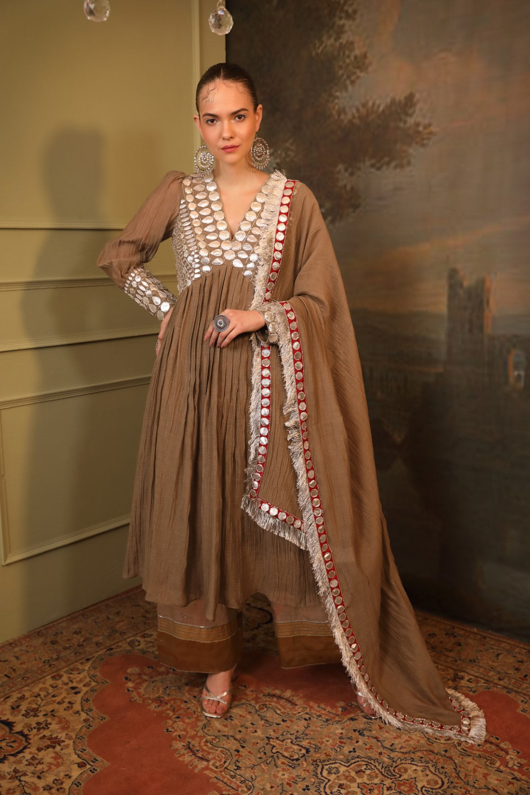 Grey Soft Chanderi Anarkali Set