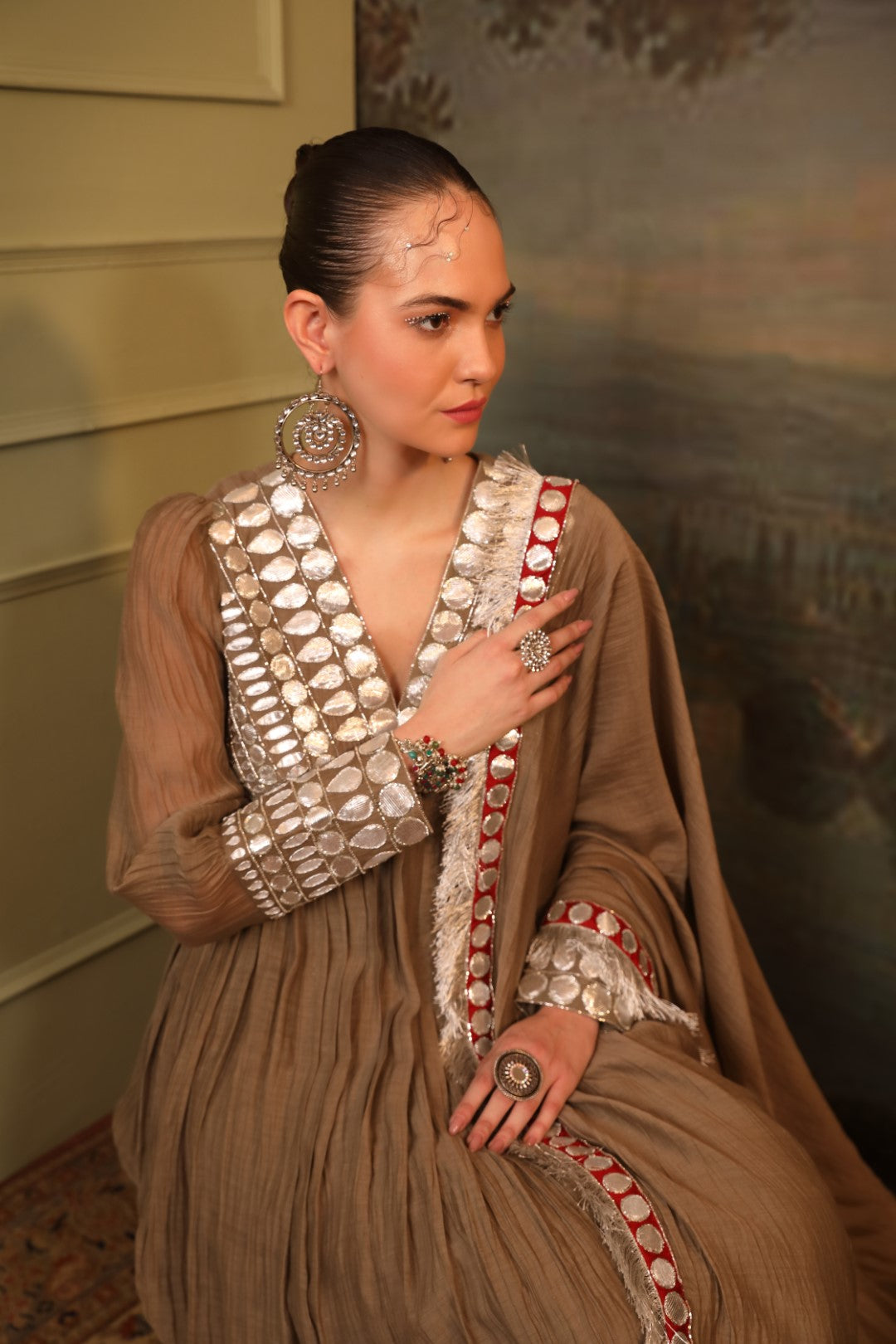 Grey Soft Chanderi Anarkali Set