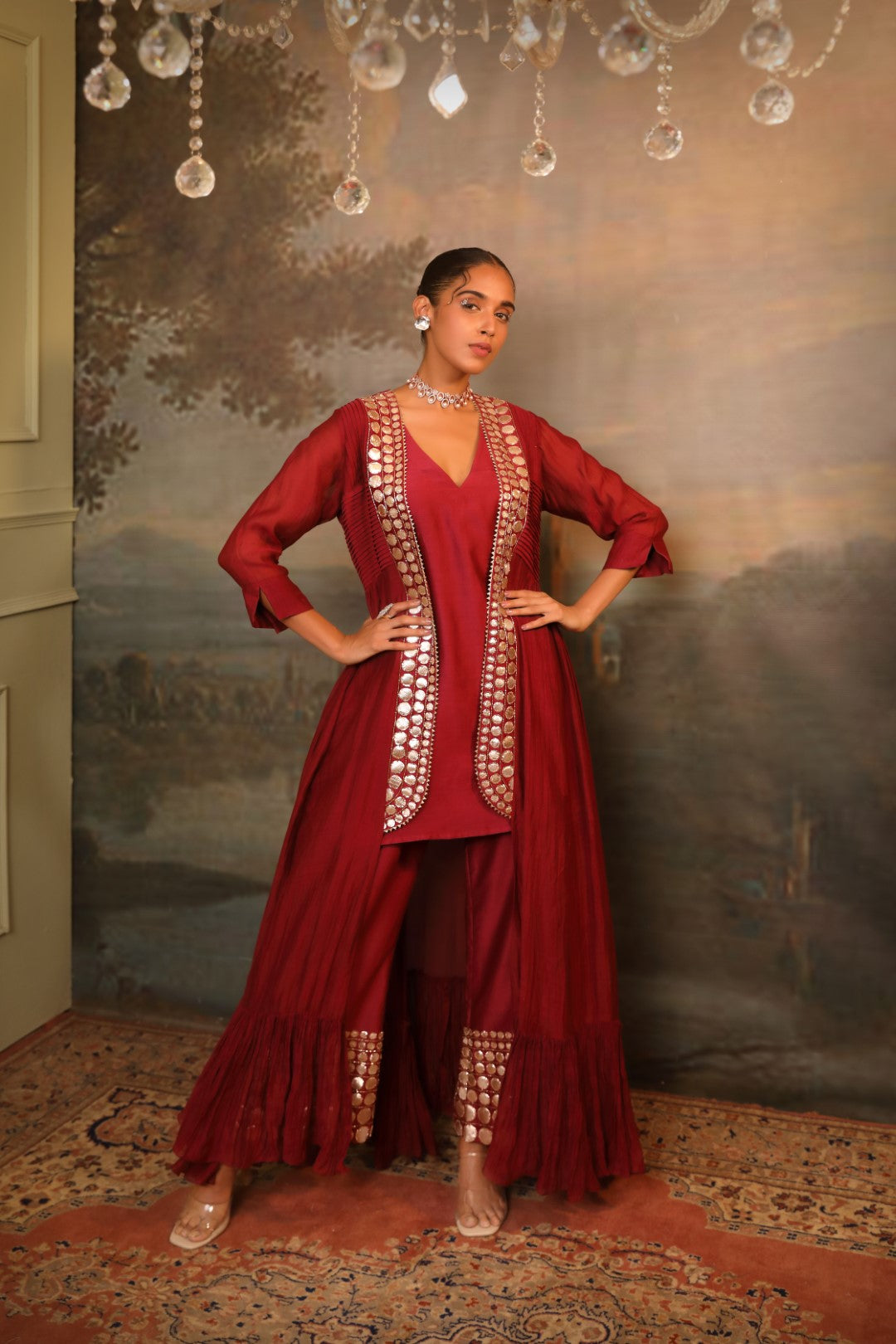 Cherry Red Chanderi Palazzo Shrug Set