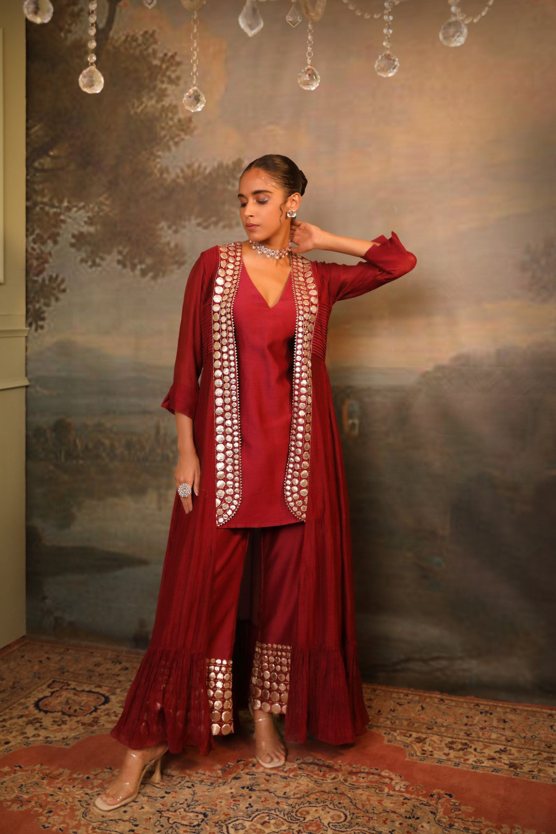 Cherry Red Chanderi Palazzo Shrug Set