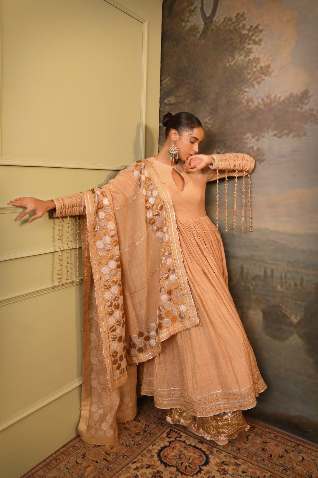 Beige Chanderi Anarkali Set
