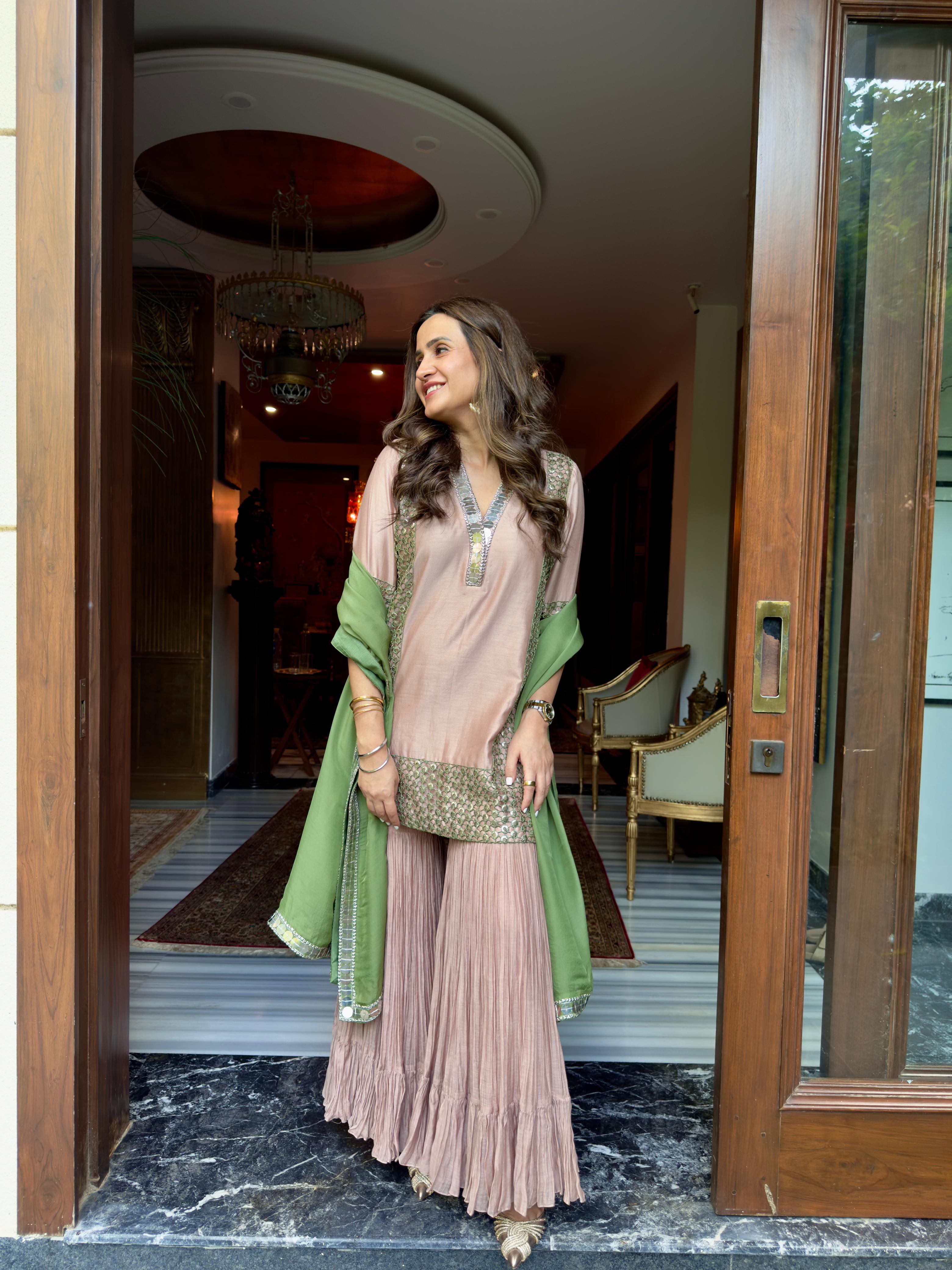 Beige green coin cutwork sharara set