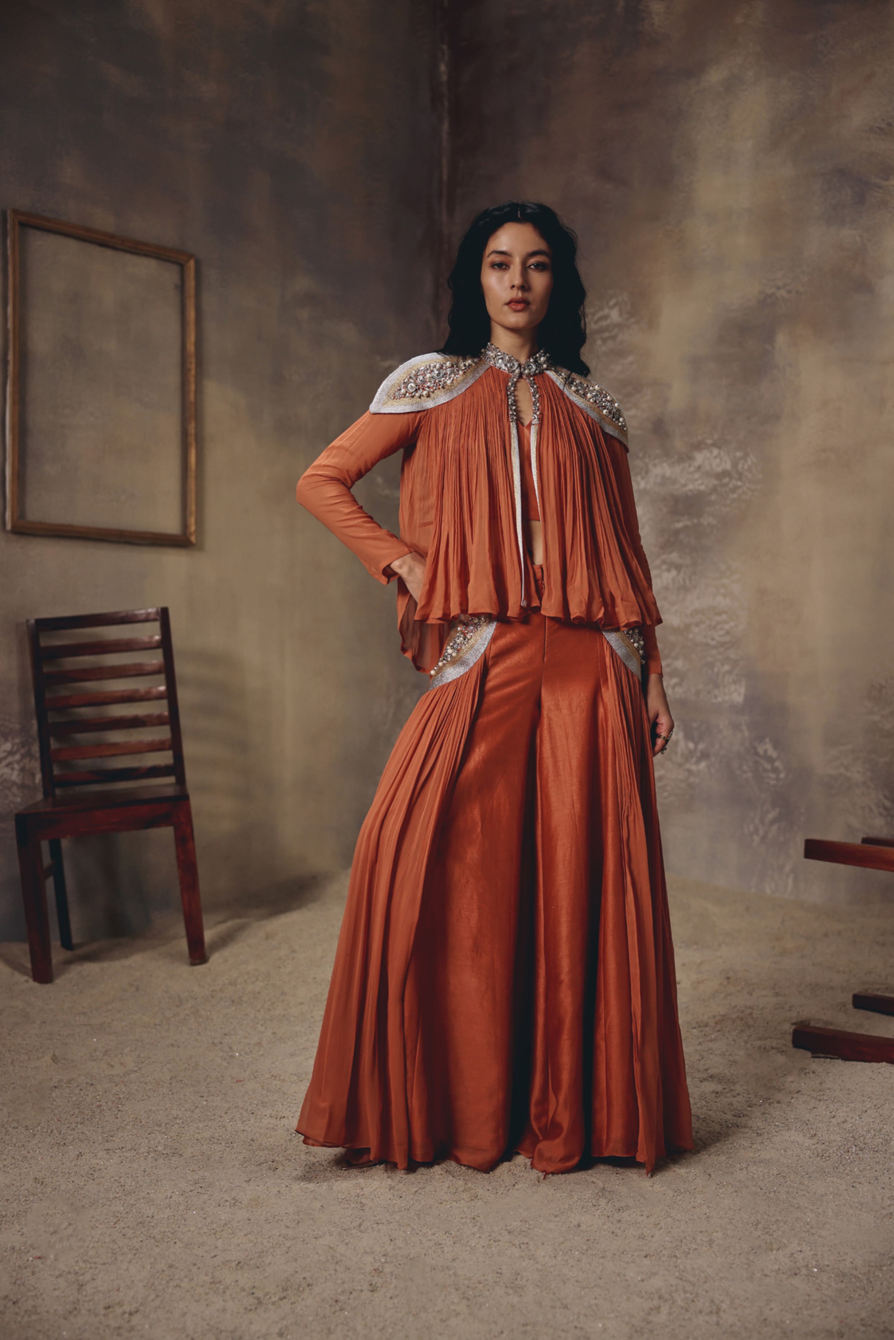 Ember Rust Metal Embroidered Cape Palazzo Set