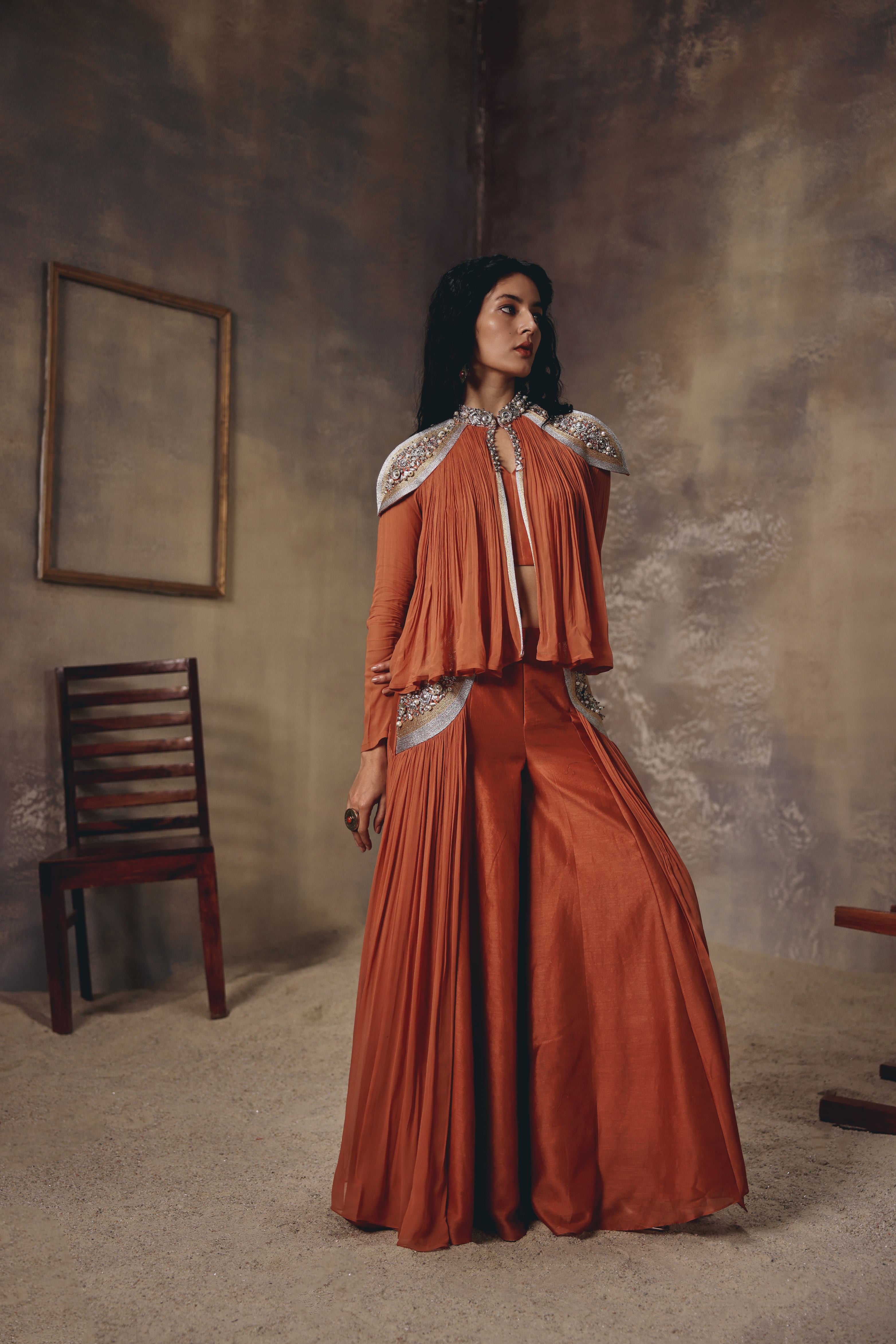 Ember Rust Metal Embroidered Cape Palazzo Set