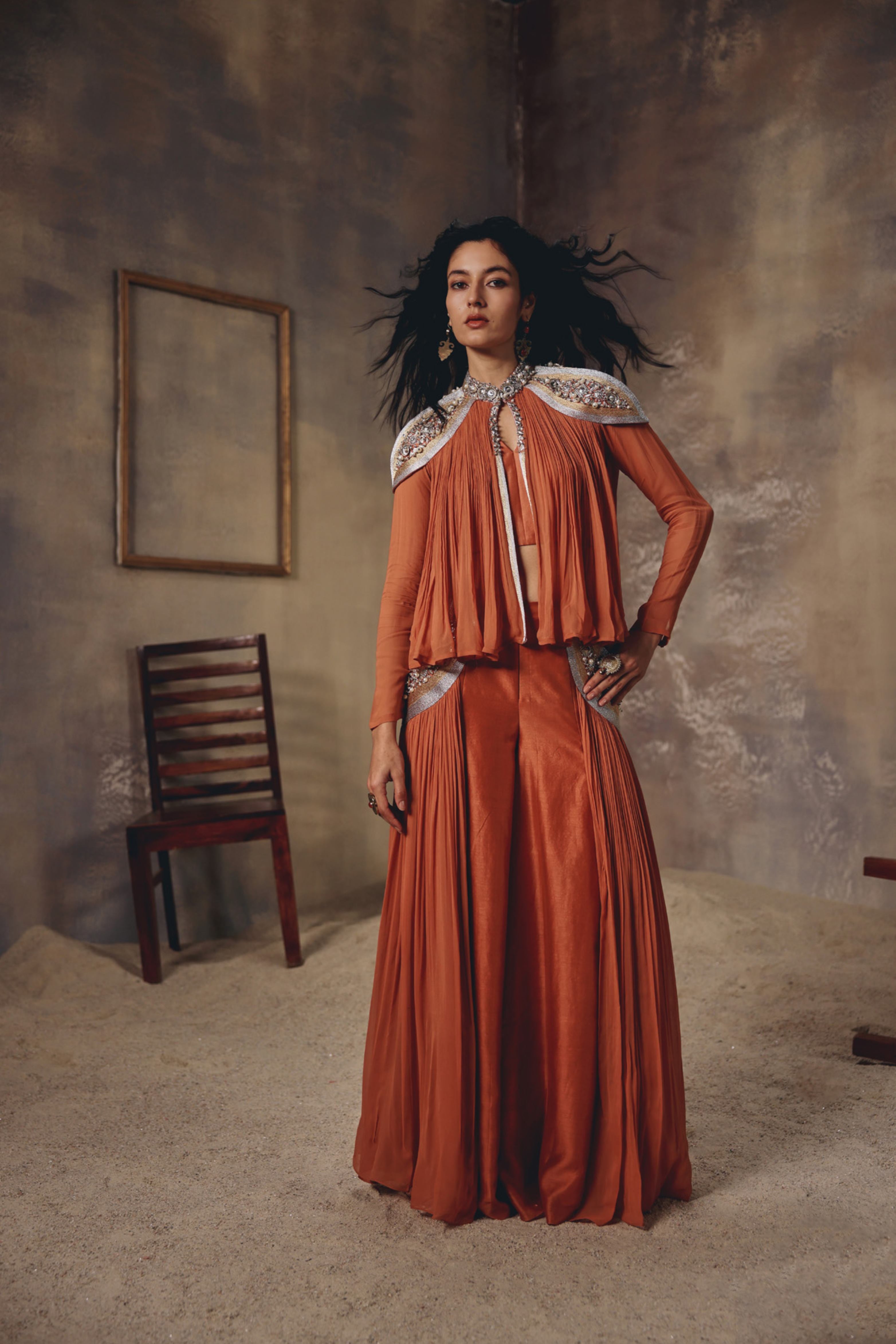 Ember Rust Metal Embroidered Cape Palazzo Set