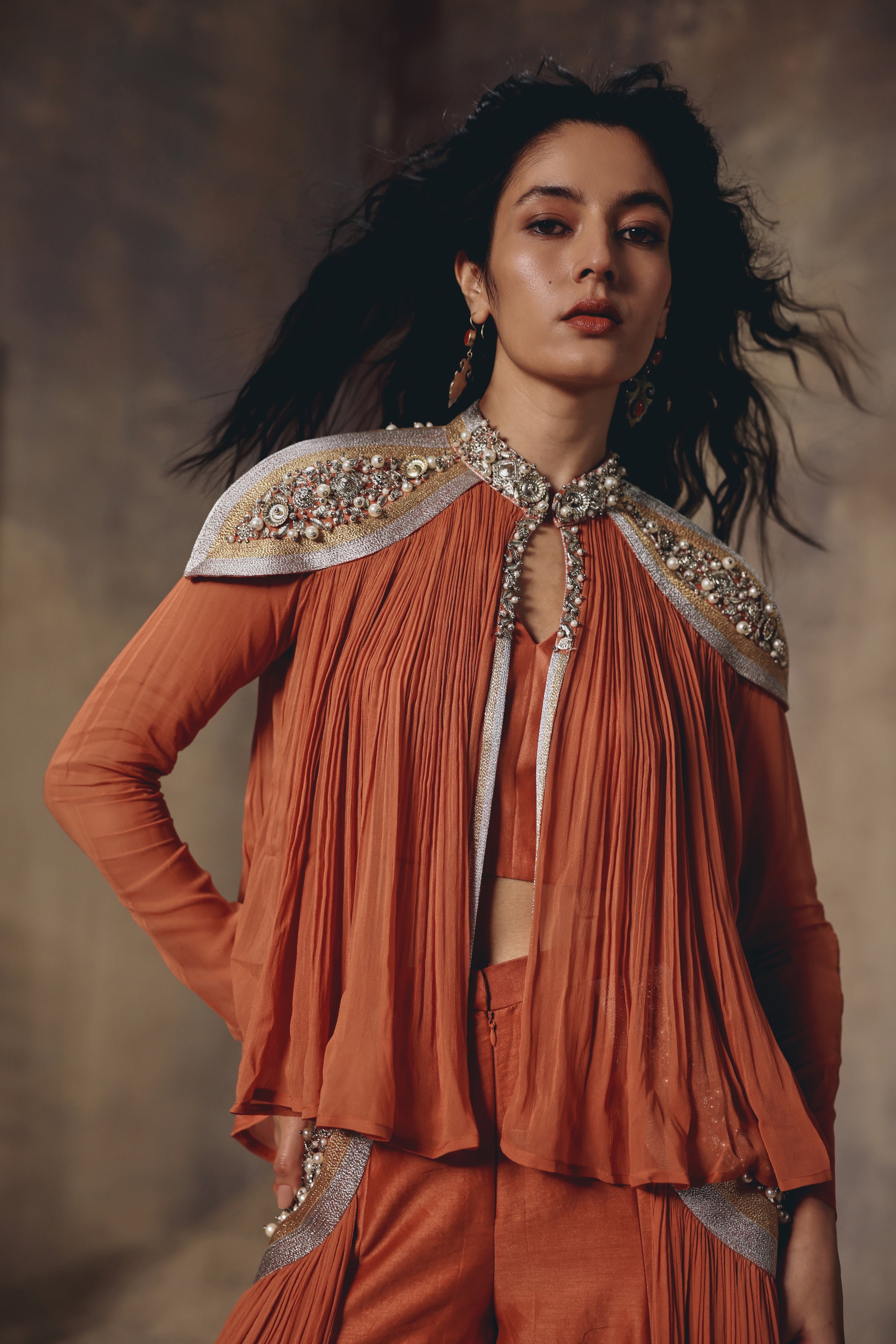 Ember Rust Metal Embroidered Cape Palazzo Set