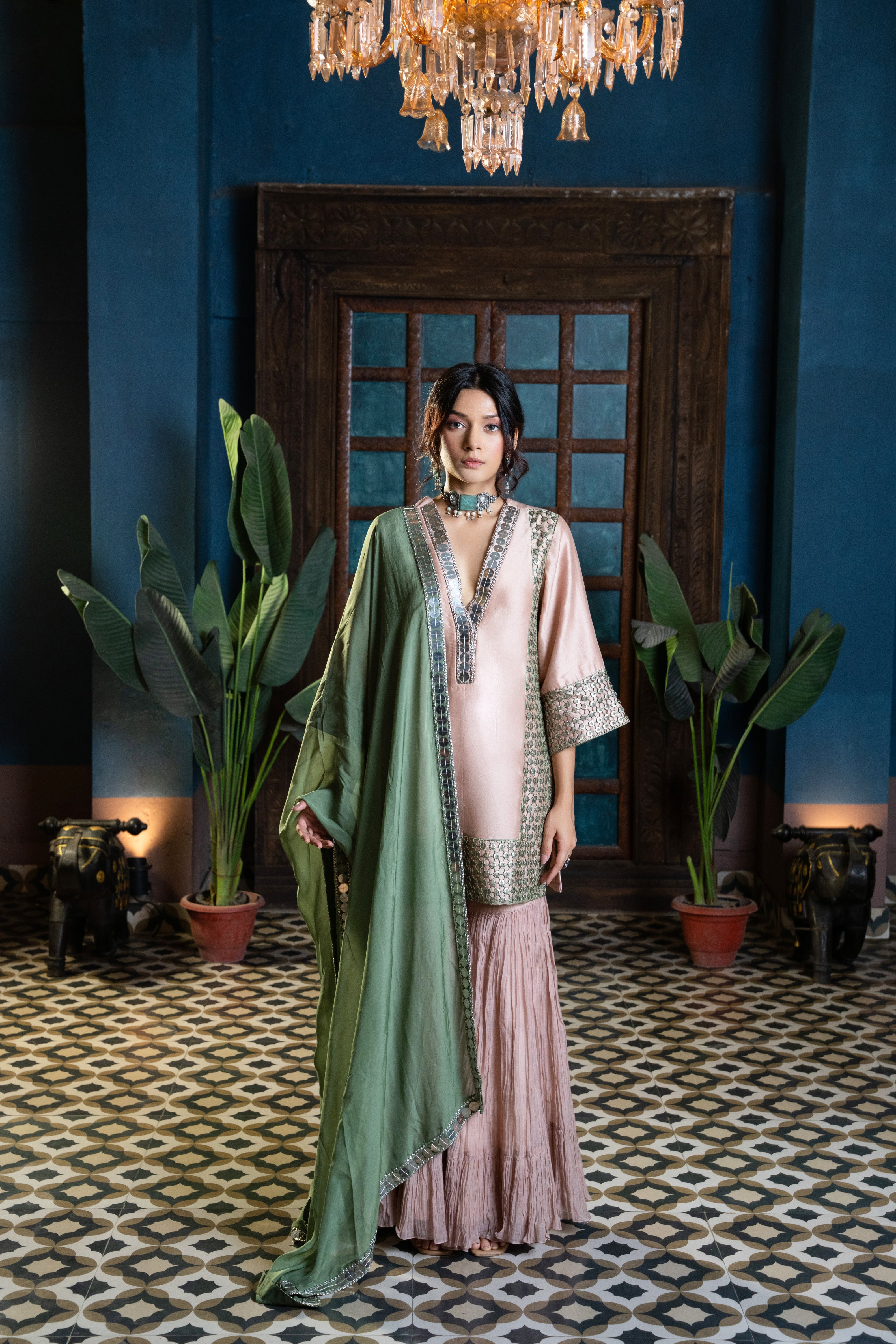 Beige green coin cutwork sharara set