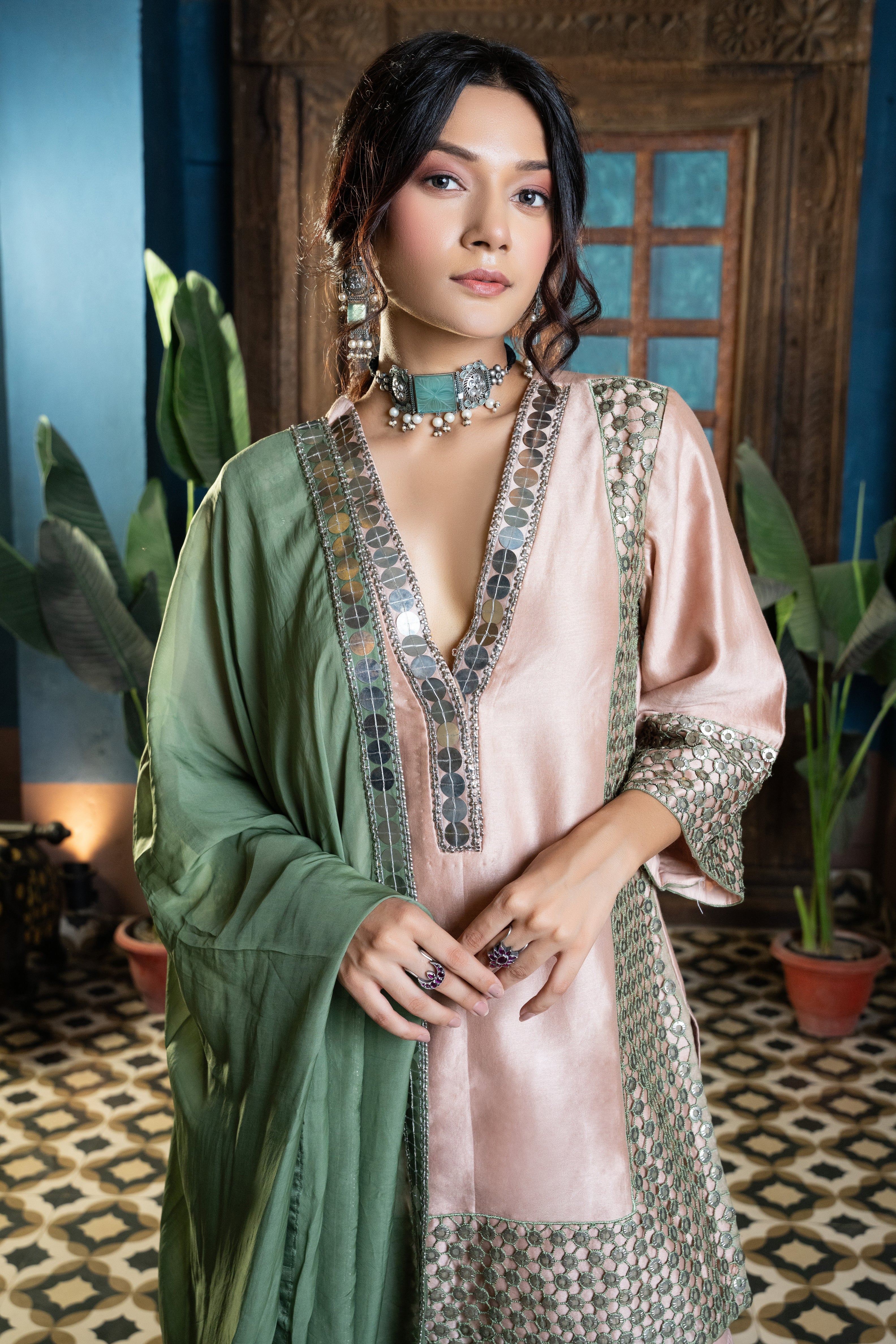 Beige green coin cutwork sharara set