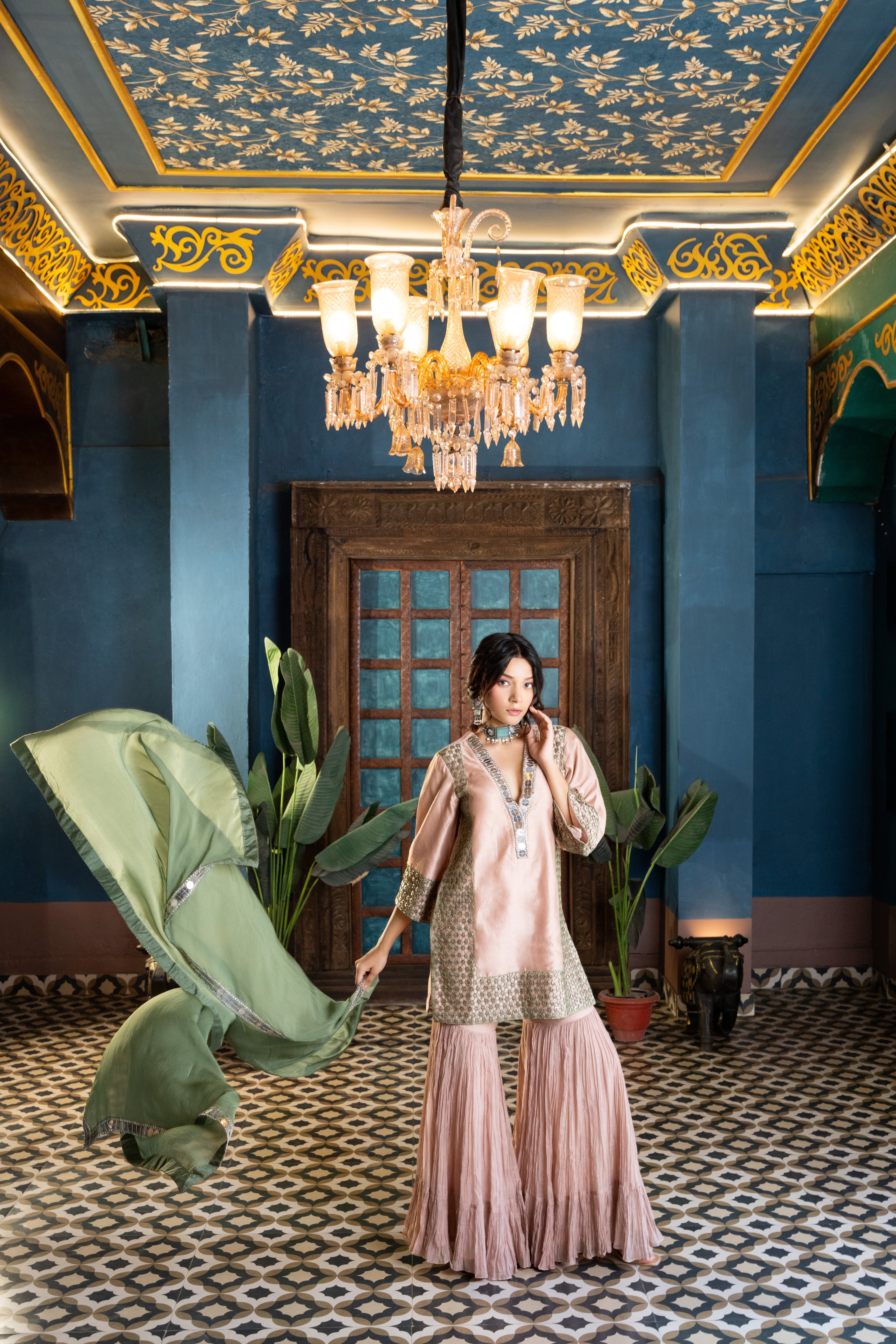 Beige green coin cutwork sharara set