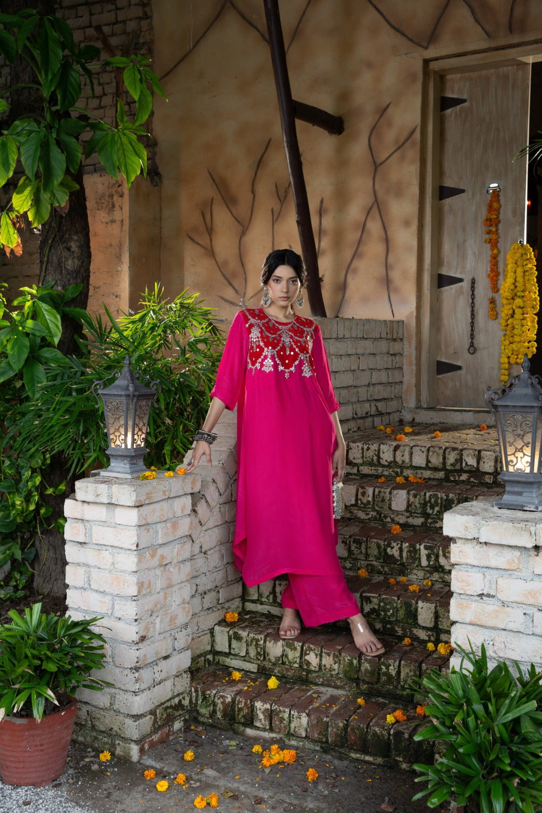 Red magenta choli embroidered plazzo set