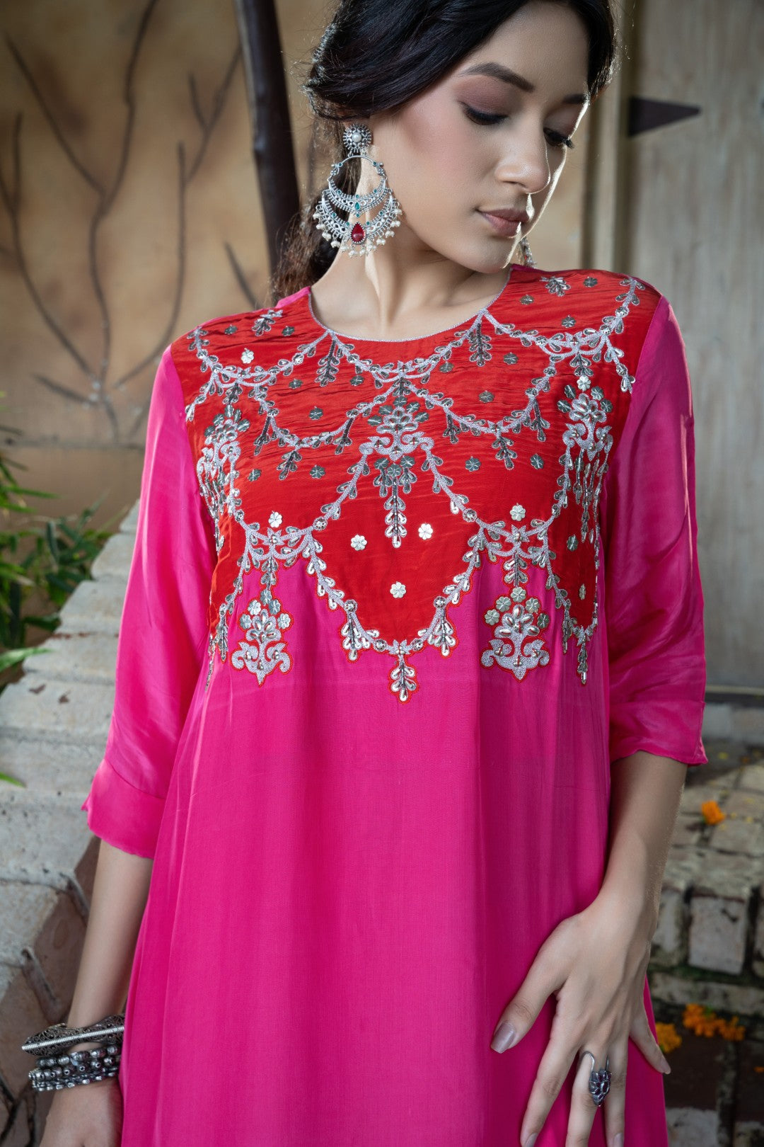 Red magenta choli embroidered plazzo set