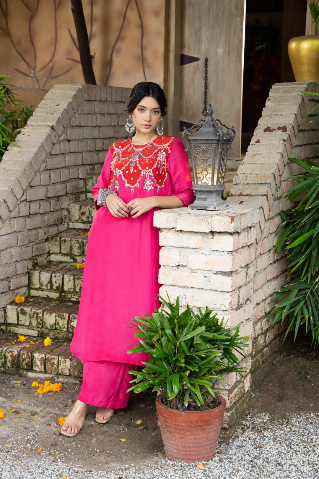 Red magenta choli embroidered plazzo set