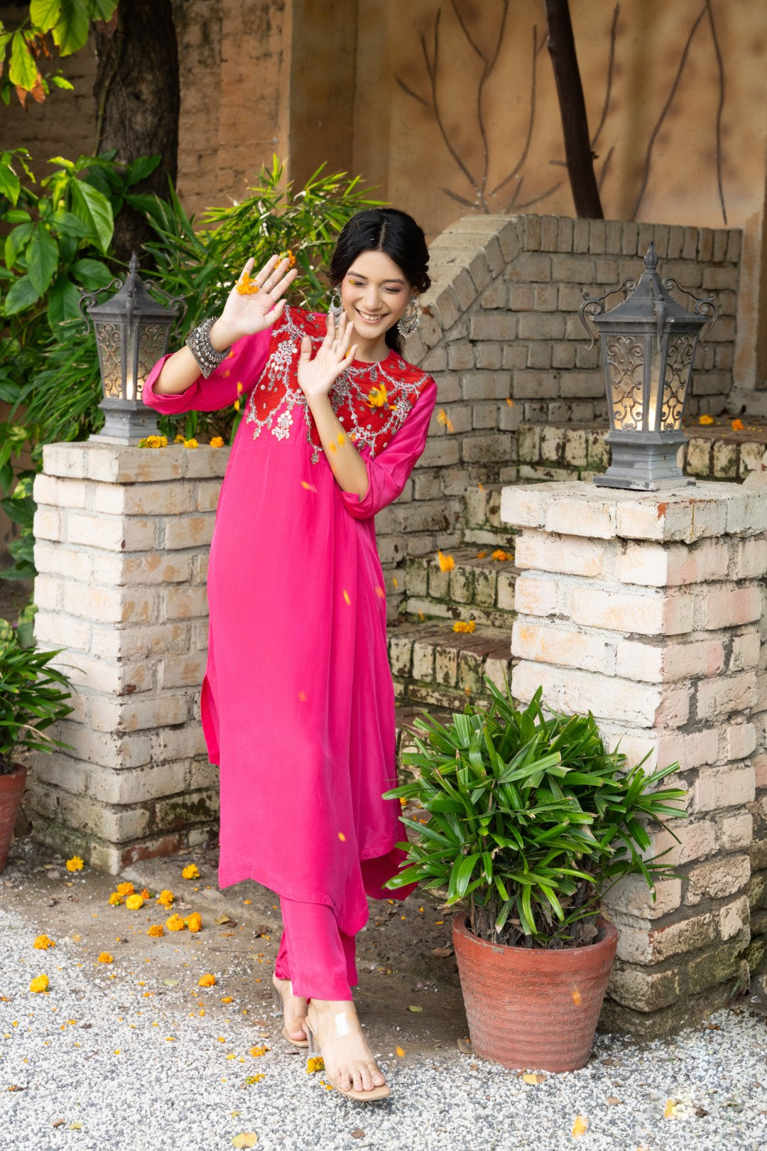 Red magenta choli embroidered plazzo set