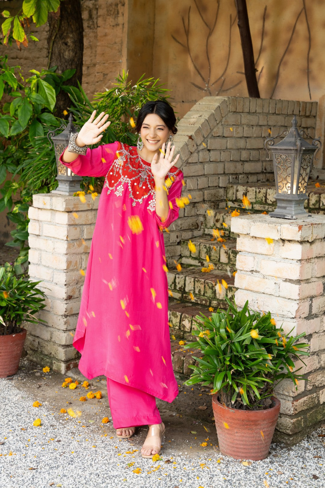 Red magenta choli embroidered plazzo set