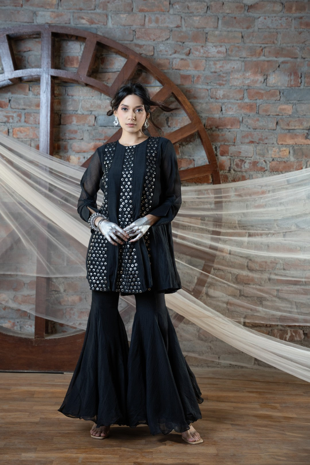 Black Coin Cutwork Sharara Set