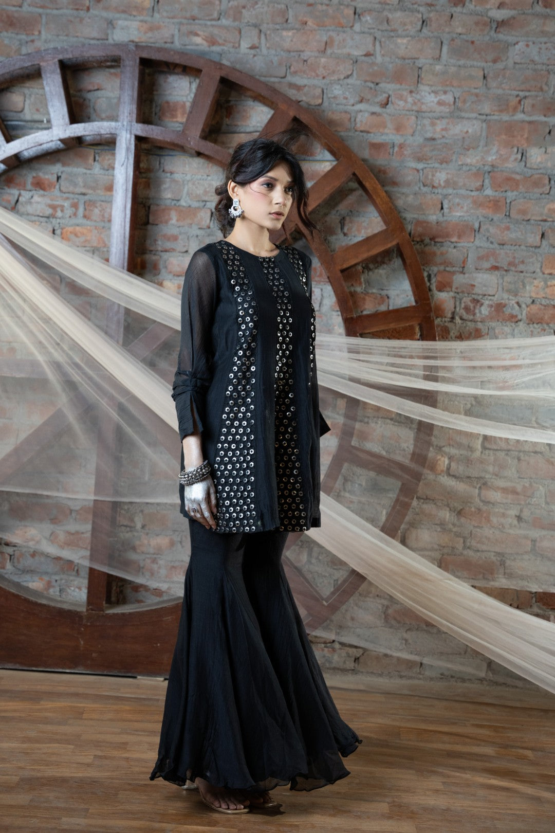 Black Coin Cutwork Sharara Set
