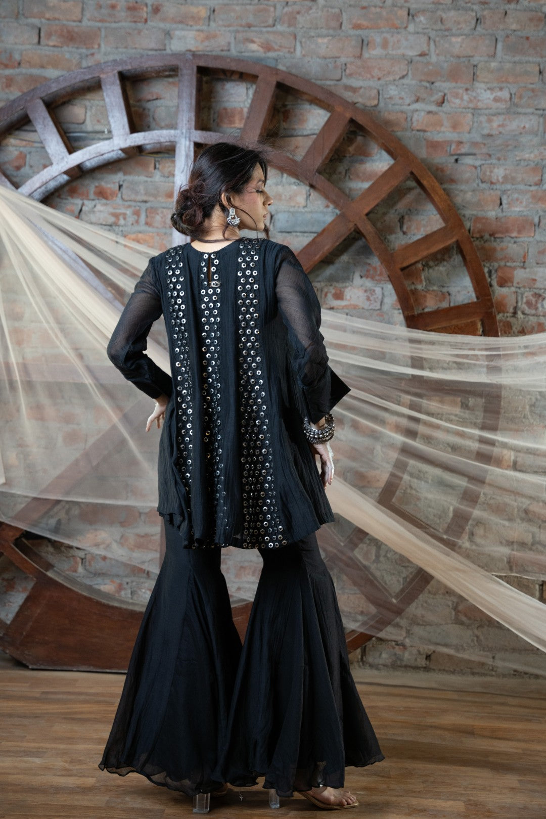 Black Coin Cutwork Sharara Set