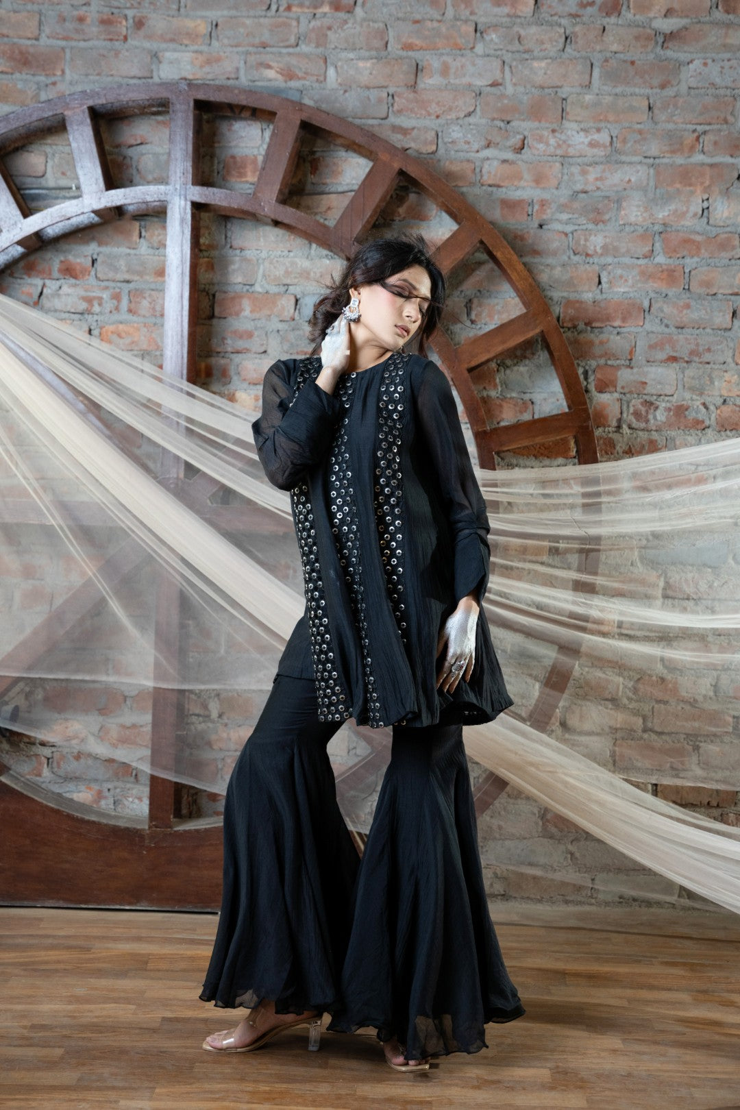 Black Coin Cutwork Sharara Set