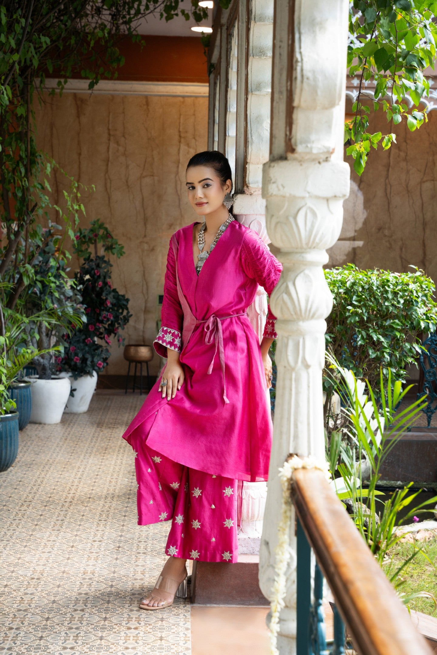 Magenta Angrakha plazzo set with gathered sleeves