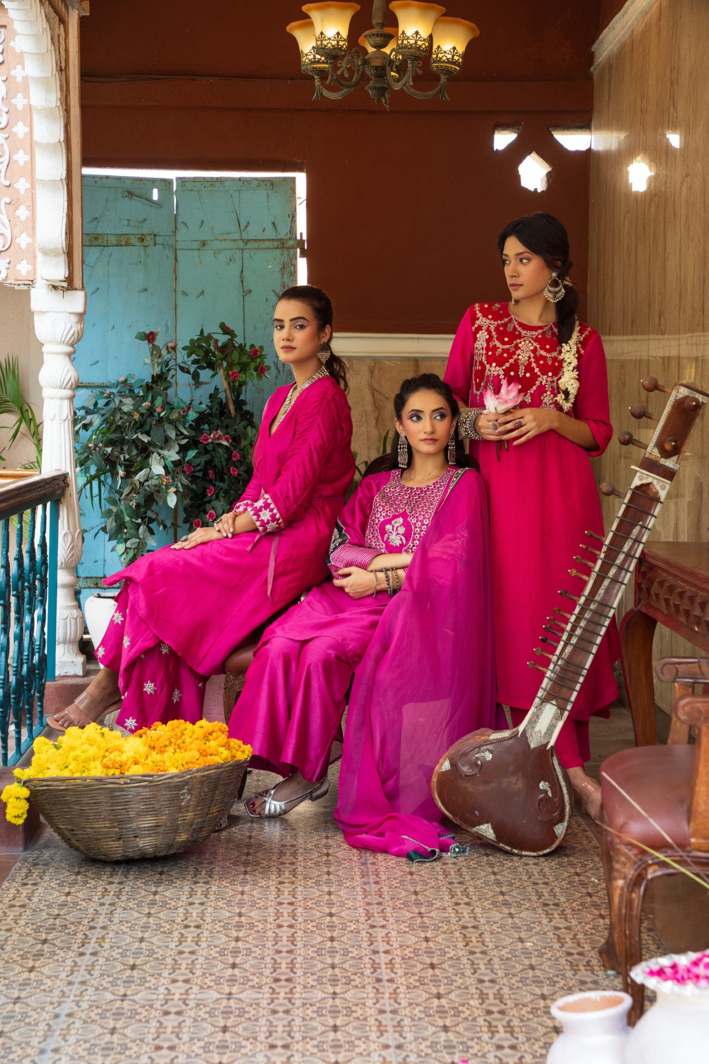 Magenta Angrakha plazzo set with gathered sleeves