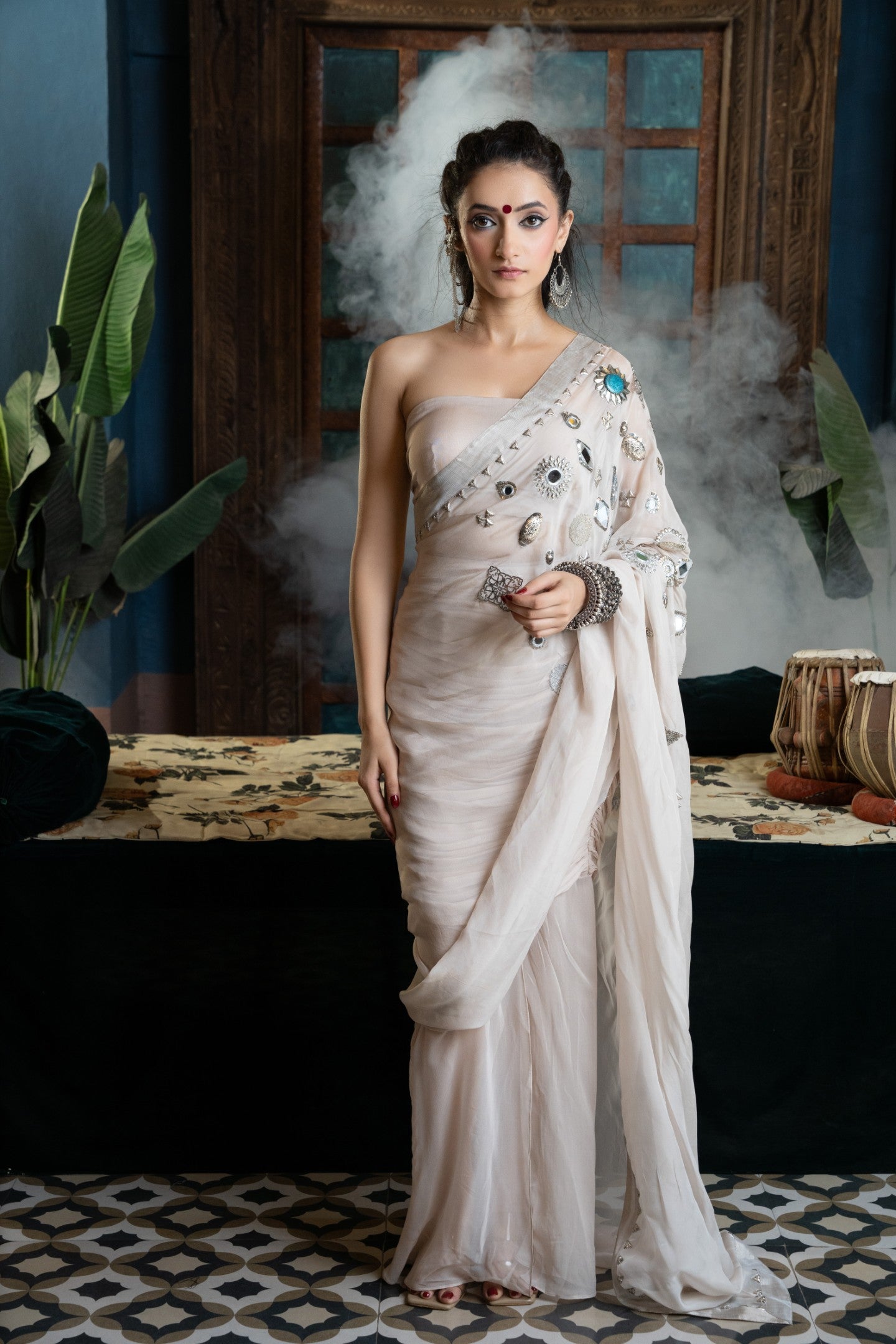 Beige Metal Chunks saree