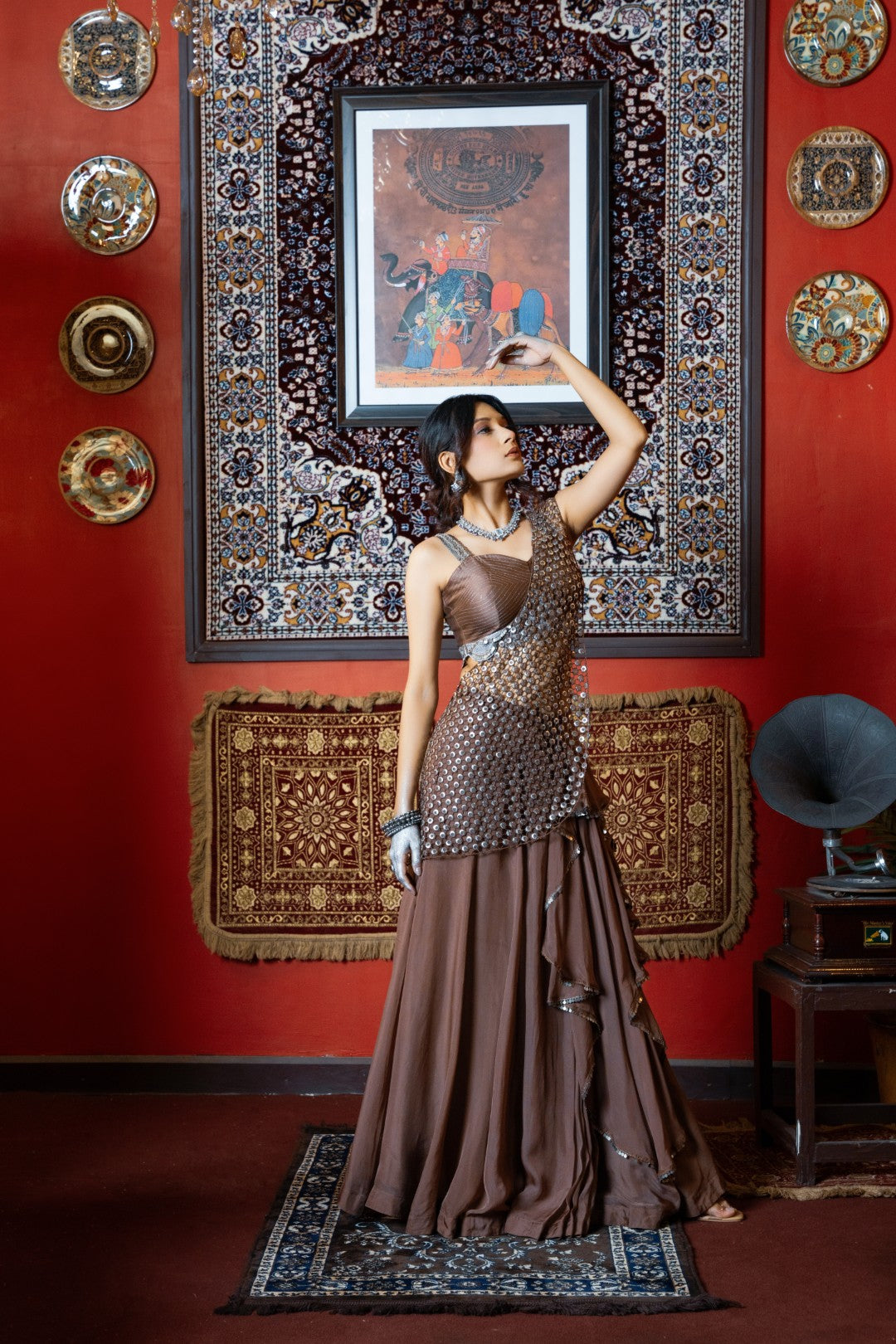 Brown Cut Work Drape Saree