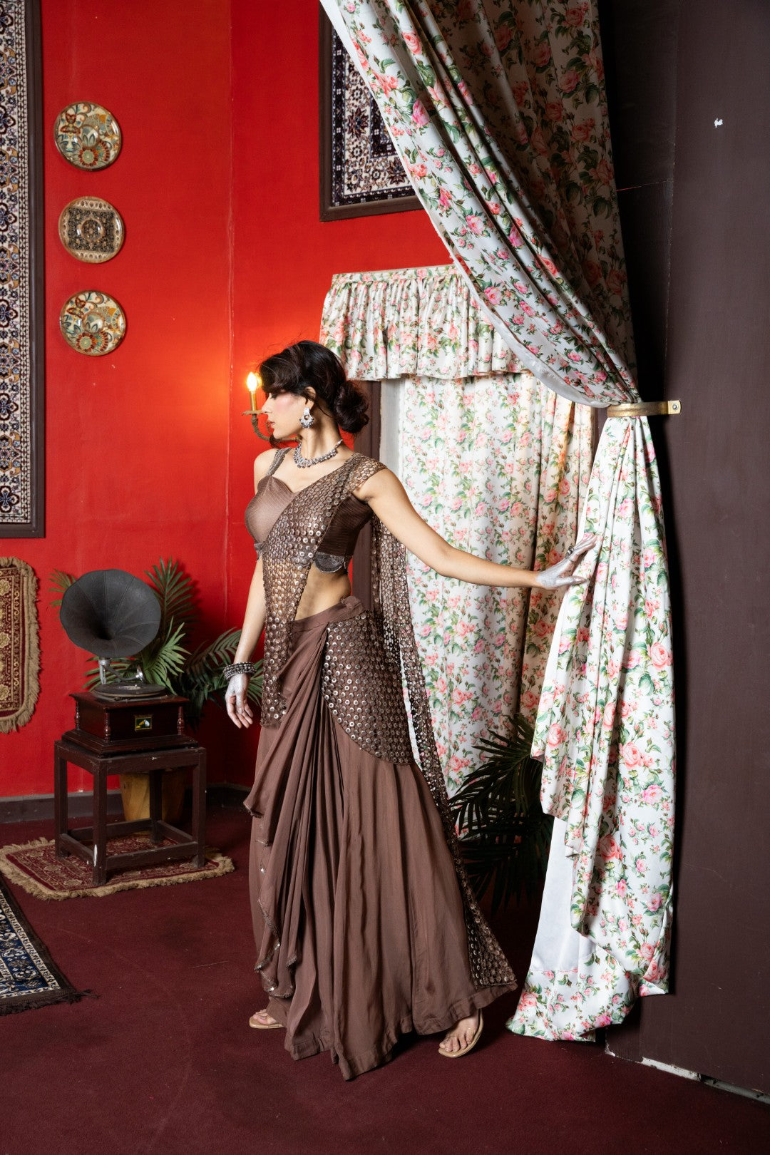 Brown Cut Work Drape Saree